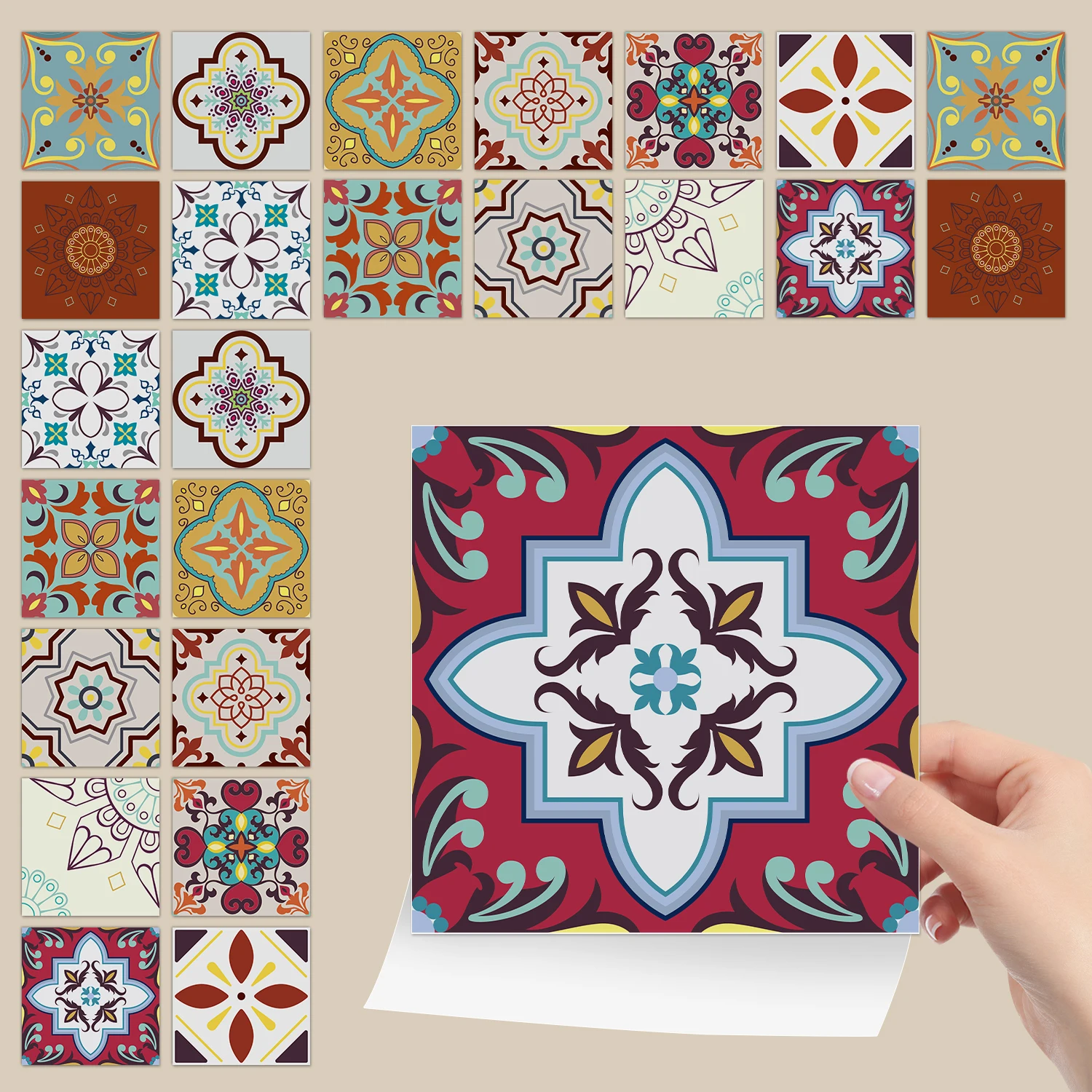 

48 pieces of retro ethnic style floral brick wall stickers with multiple patterns, kitchen and bathroom decoration stickers