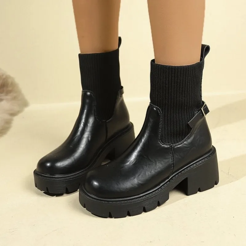 

New Autumn Winter Fashion Women Chelsea Boots Female PU Leather High Heels Boots Platform Shoes Ladies Knitted Sexy Ankle Boots