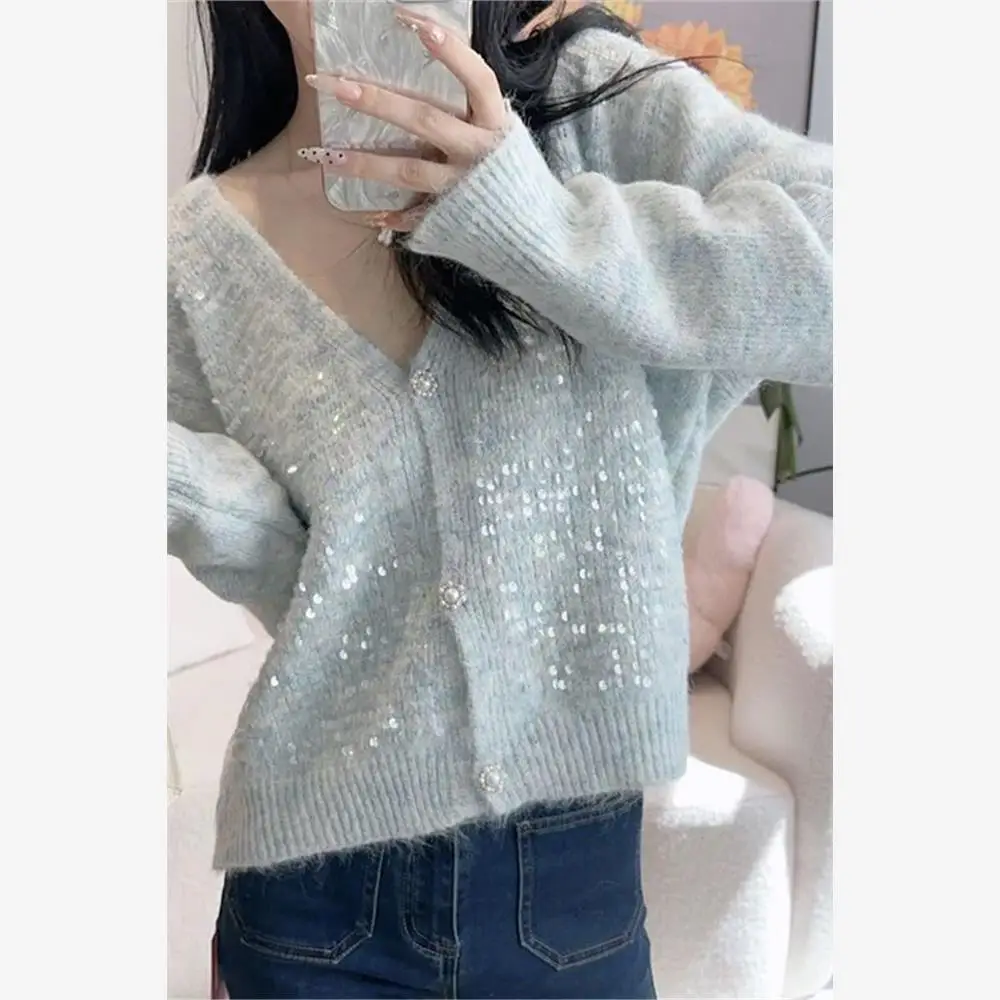 

Ele вязаный открытый кардиган Long Sve iny с блестками, свободный свитер, куртка, подходит для маленьких уличных животных, раннего возраста