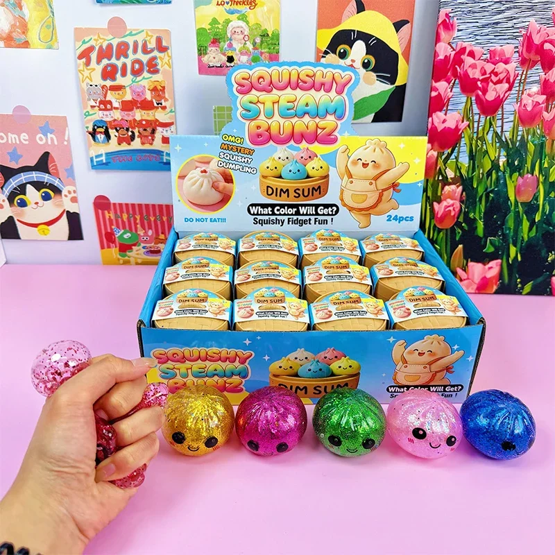Cute Face Glitter Filled Mini Smiley Steamed Bun Squishy Shiny Gold Powder Dumpling Squeeze Dim Sum Stress Relief Bun For Adults