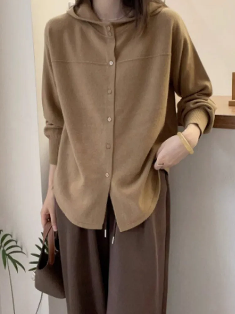 

Удобный вязаный кардиган с капюшоном Long Sve Pure Color Повседневная верхняя одежда Зимняя модная простая женская куртка