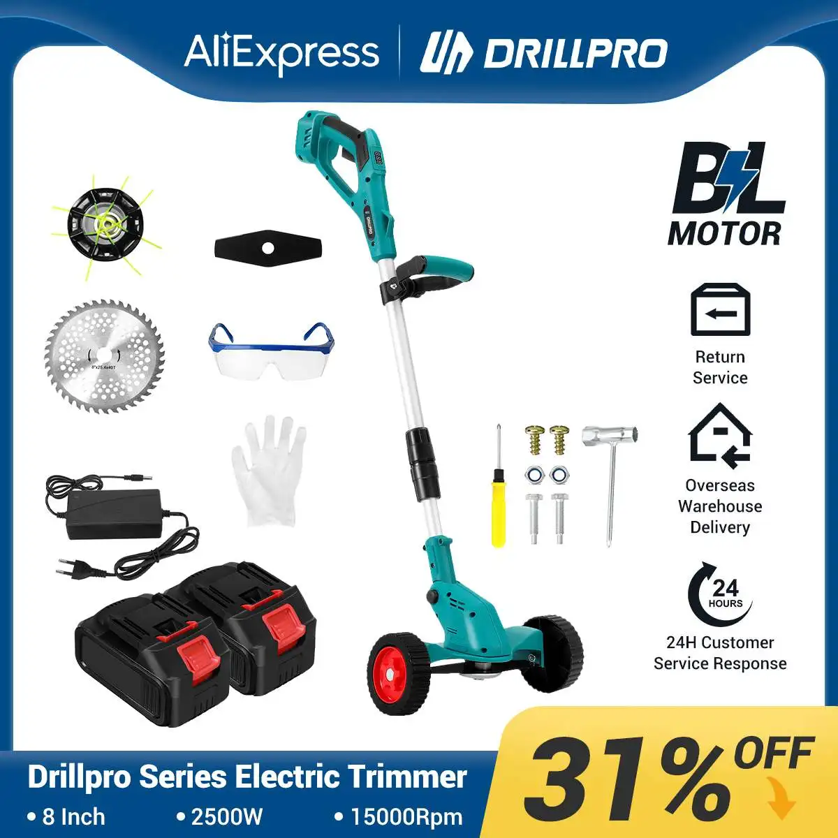 

Drillpro 2500W Electric Lawn Mower Li-ion Cordless Grass Trimmer Pruning Garden Tools Compatible Makita 18V Battery