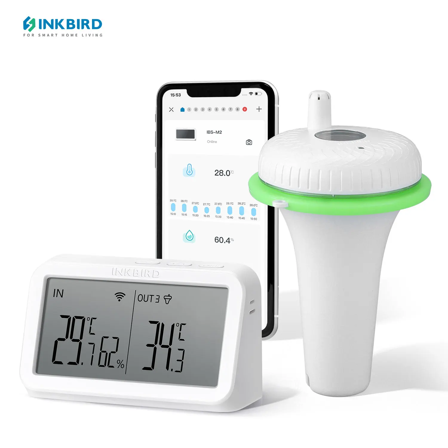 INKBIRD  2nd-Gen Wireless Pool Thermometer with IBS-M2 Wifi Gateway Combo Waterproof Digital Floating Thermometer for Spa Pond