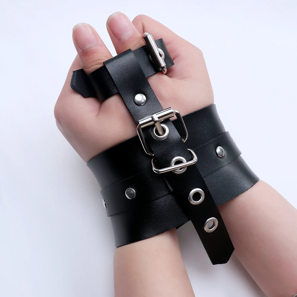 PU Leather Hand Wrist to Thumbs Cuffs Bondage Belts Cosplay BDSM Ankle Wrist Adjustable Strap with Toes Restraints Sex Toys