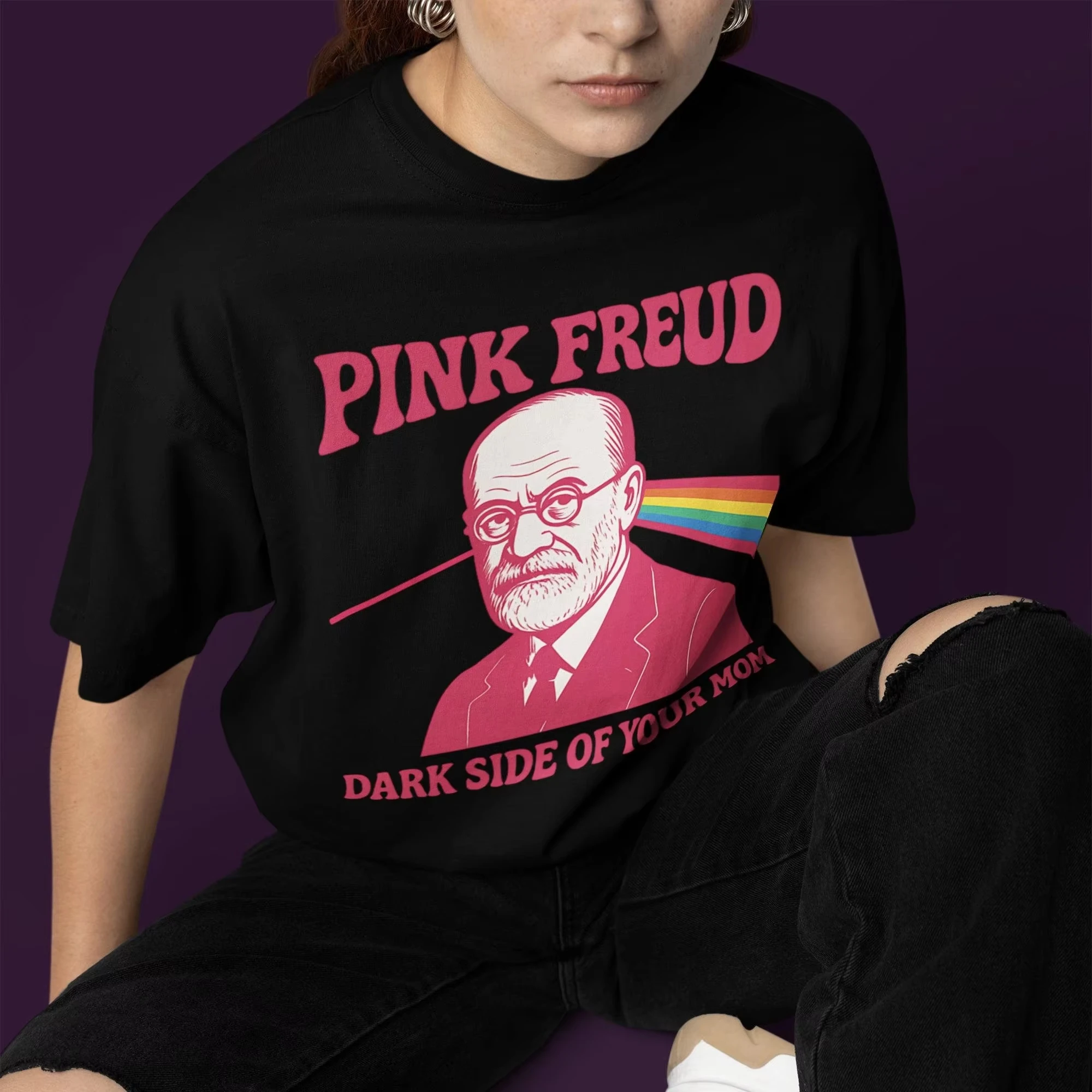 Pink Freud Dark Side Graphic T‑shirt Unisex Washed Cotton Y2K Vintage Loose Short Sleeve Casual Streetwear Tops