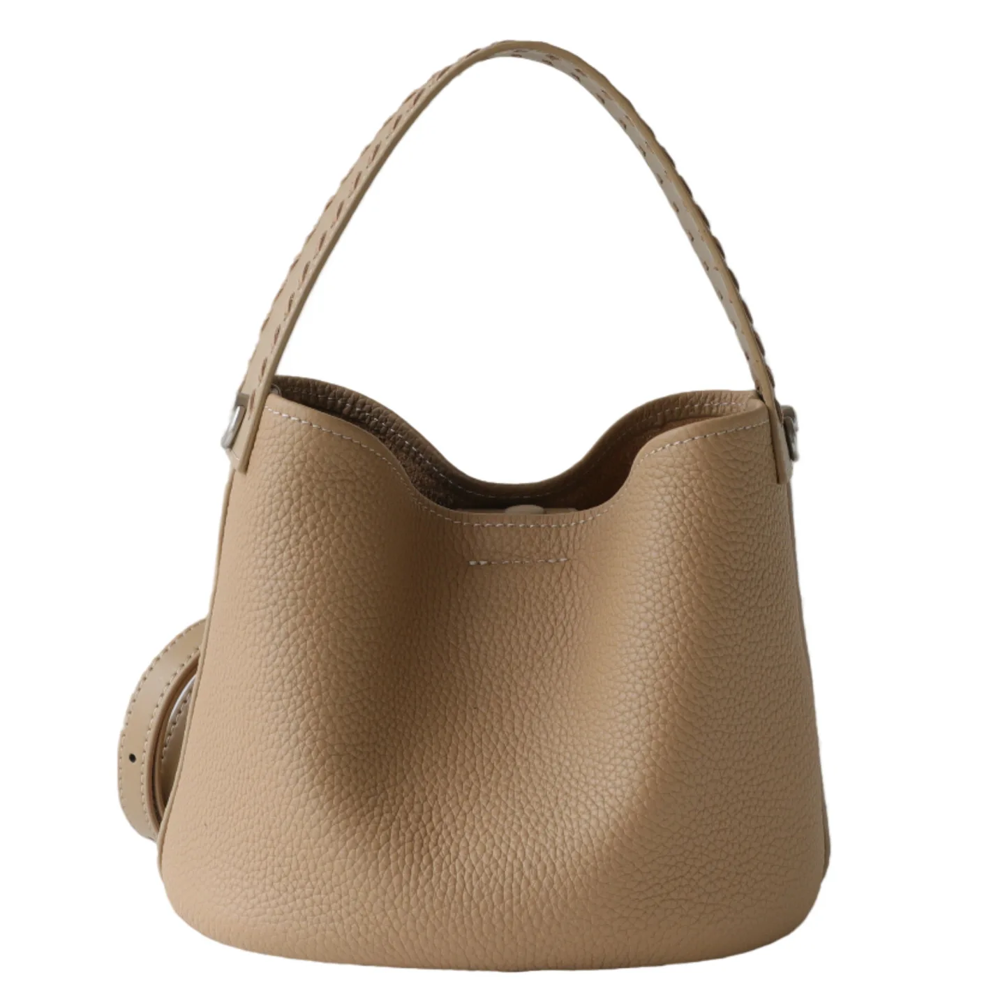 

Новая женская сумка-ведро из натуральной кожи 2026 года с плетеной полой ручкой и регулируемым ремнем через плечо