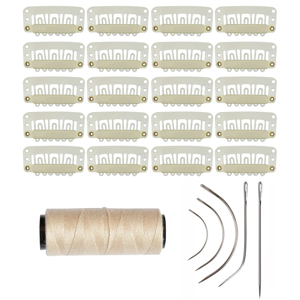 U Shape Wigs Clip In Hair Extension Wig Clip, Hair Weaving Threads 1 Rolls and 5 C J Shape Curved Needle I Needle,26pcs/set