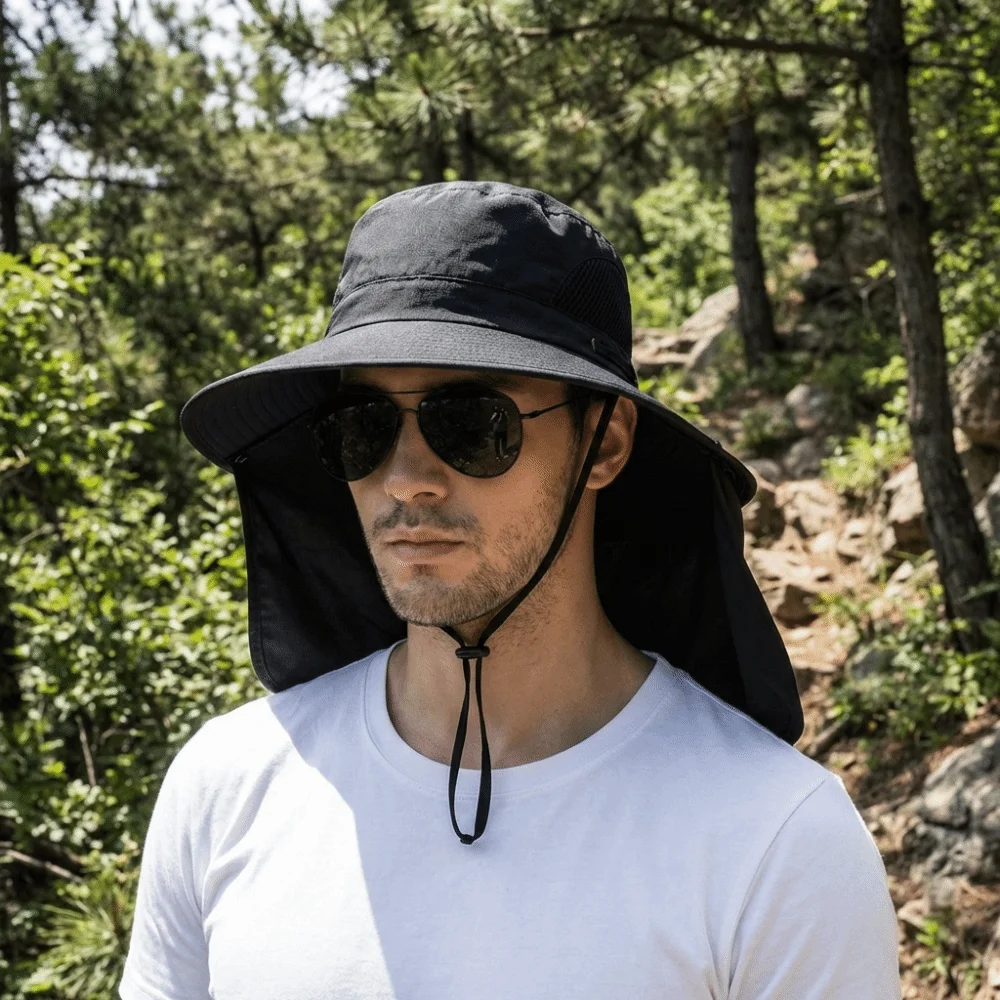 Removable Cloth Men Sun Hat Big Brim Neck Protection Women Visor Cap With Lanyard Sunscreen Summer Bucket Hat Women view 2
