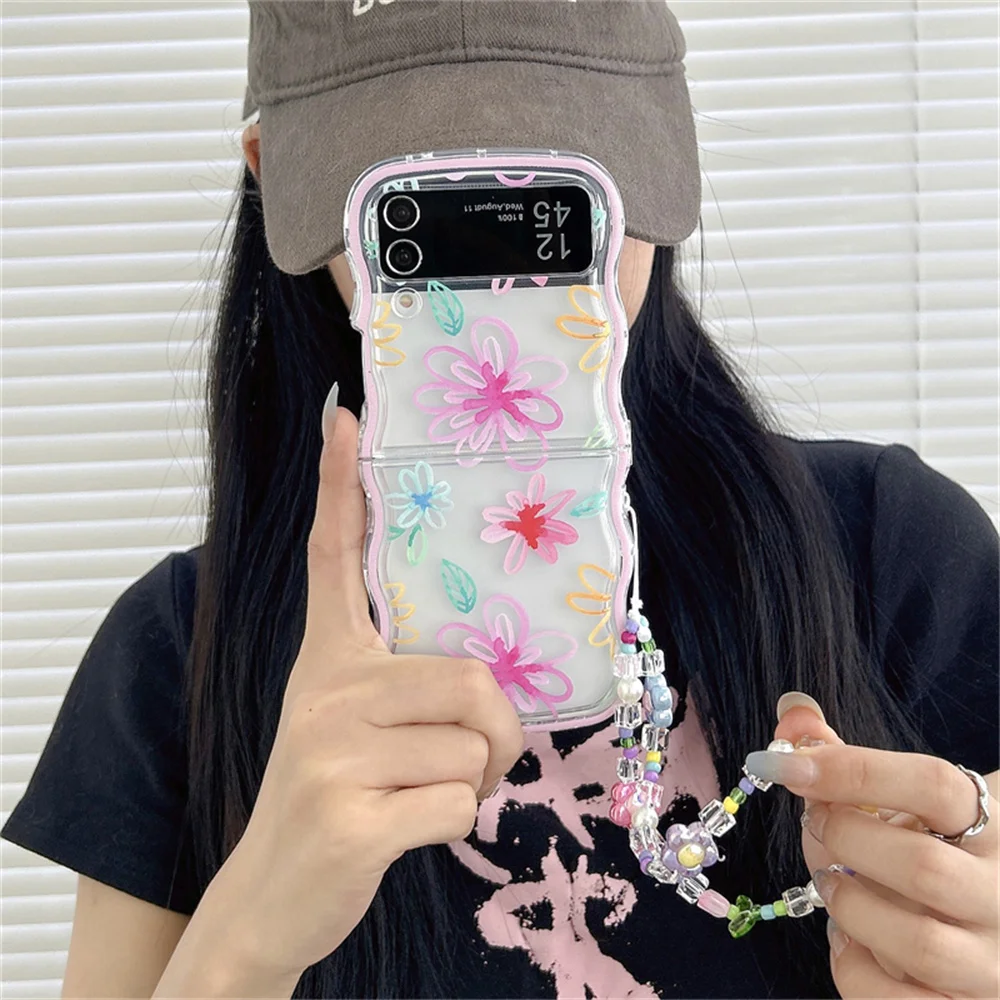 Cute Cartoon Flower Bracelet Case for Samsung Galaxy Z Flip 5 4 3 6 Flip5 Zflip4 Beads Wrist Chain Wavy Painting Korea Cover image 3