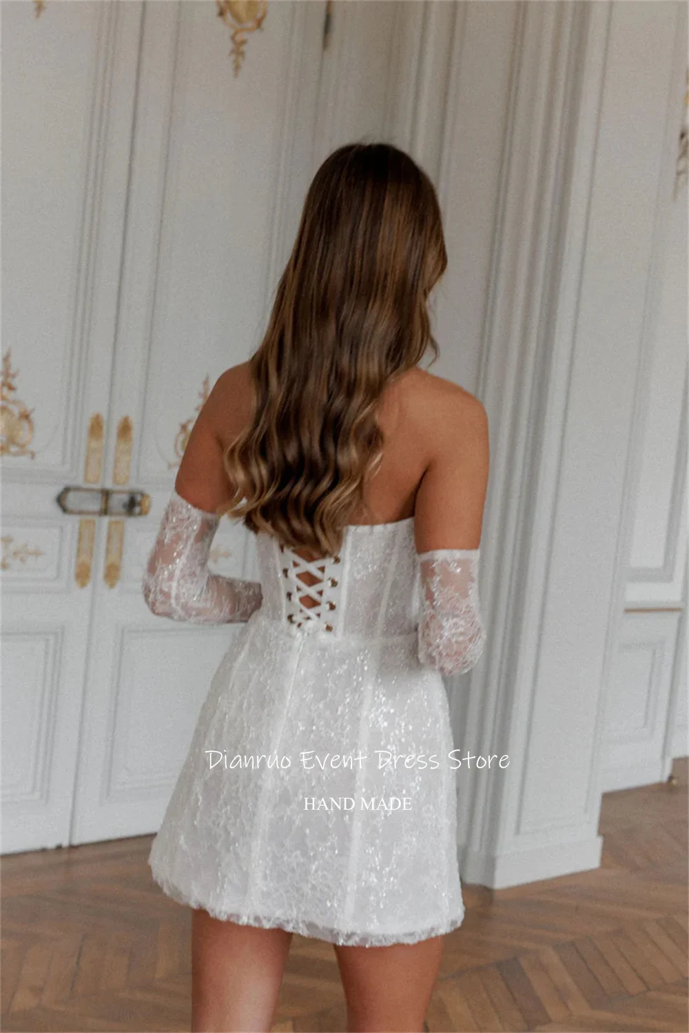 Dianruo Sexy Mini A Line Wedding Dresses Strapless Sequined Bride Gowns Lace High Quality Simple White Prom Dresses Customized