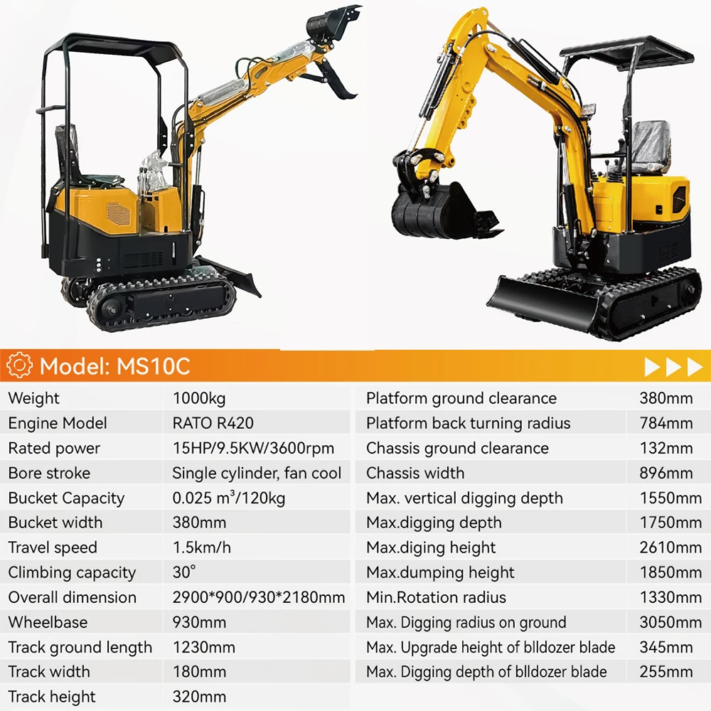 MMS Minigraafmachine MS10C 1ton Hydraulische Rupsgraafmachine 13.5HP Kleine Trencher Graver Voor Boerderij Tuin Volledige Betaling