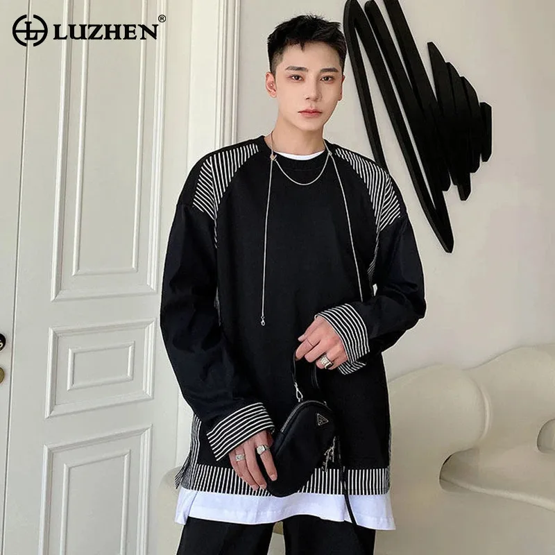 LUZHEN Design 2026 New Korean Style Stripe Printed Splicing Long Sleeve T-shirts Men's Fashion Handsome Casual Sweatshirt JY9193