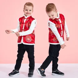 2024 Winter New Child Vest Chinese New Year Waistcoat Baby Kids Tang Clothes Tradition China Jacquard Tops Thick Cotton Costume