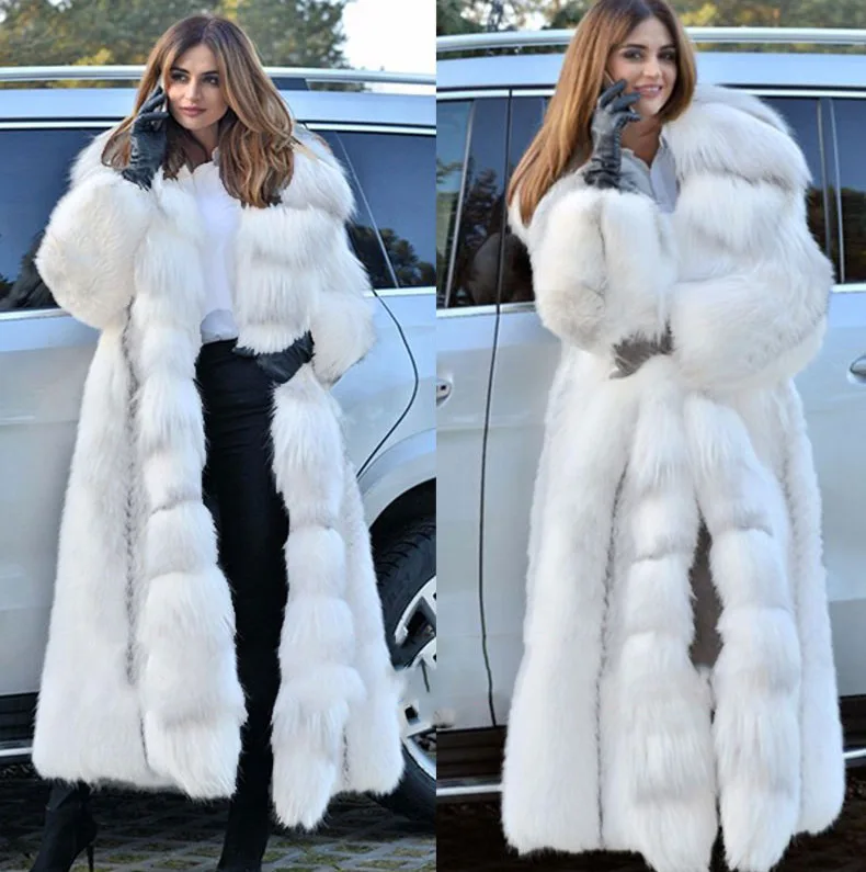 Women Faux Fox Fur Jackets Hooded Long Coat Thick Warm Fluffy Female Shaggy Overcoat High Street Autumn Winter 2025 Outerwear