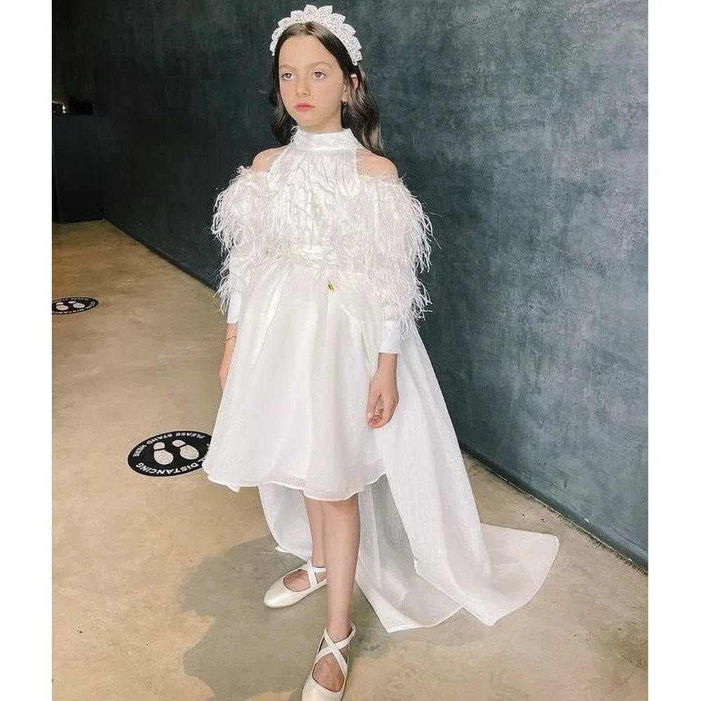 White High Collar Tassel Girl Dresses with Detachable Tail Elegant Knee-Length A-Line Gowns Pageant Wedding Party Kids Dresses