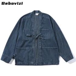 Fashion Denim Jacket Japanese Cardigan Cotton Kimono Vintage Traditional Haori Asian Jackets Clothing 2024