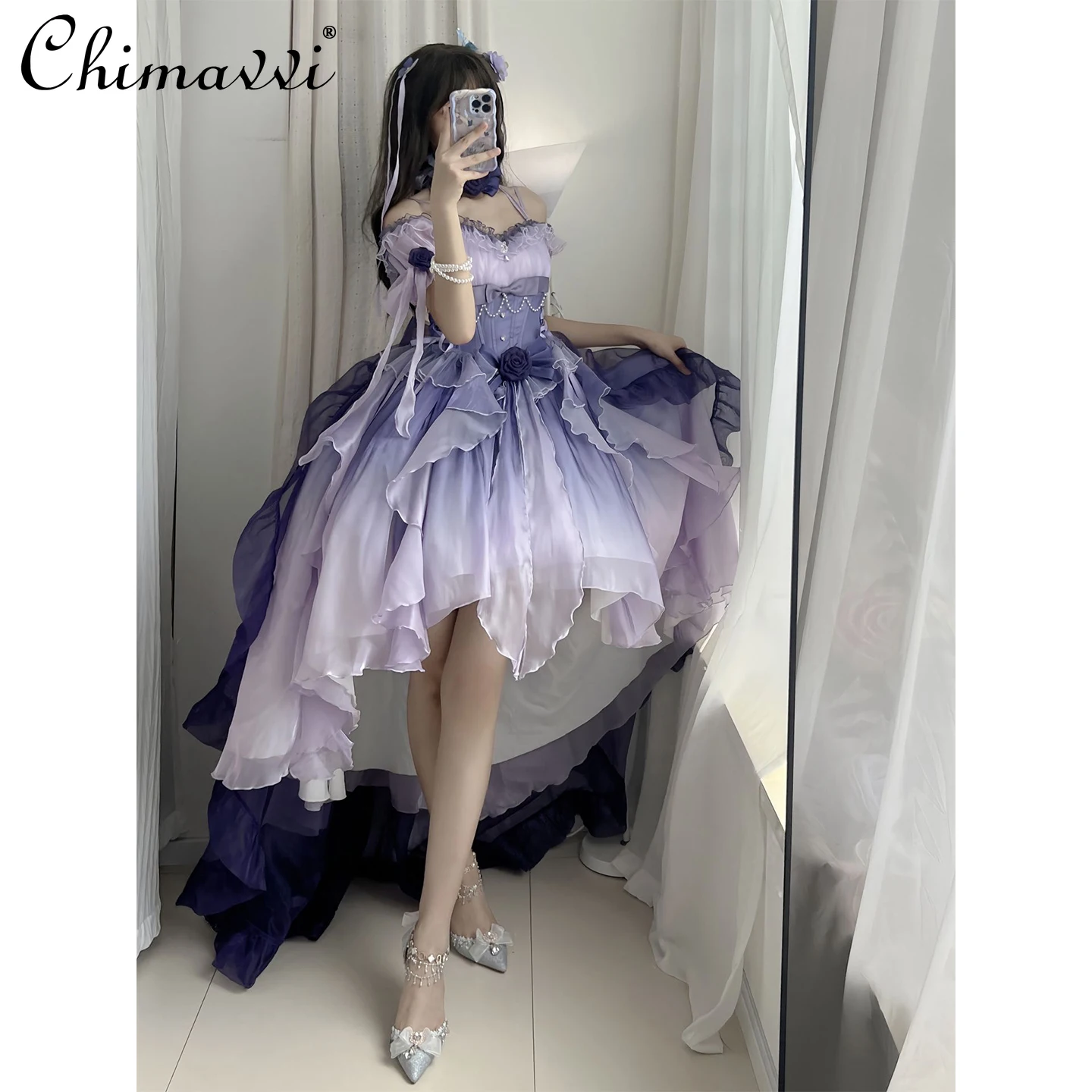 

Original Design Super Fairy Elegant Purple Ballet Puffy Dress Lolita Sweet Back Big Train Birthday Party Princess Dress Women