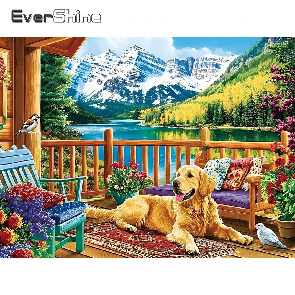 Evershine 5D-Diamant-Mosaik zum Selbermachen, Fluss-Stickerei, Berglandschaft, Muster für Erwachsene, Anfänger, Malerei, Hund, Wanddekoration