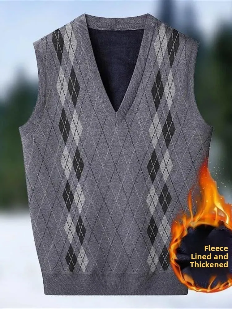 

Мужской зимний вязаный свитер с V-образным вырезом на флисовой подкладке, теплый жилет-топ для мужчин среднего и старшего возраста