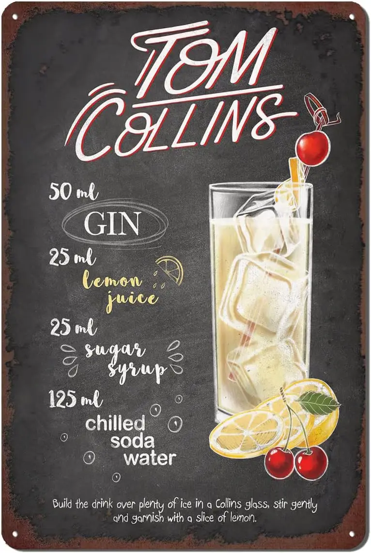 Cocktail Tin Sign, Vintage Cocktail Recipes Metal Sign, Bar Signs for Home Bar Wall Decor 12 X 8 Inch - Tom Collins