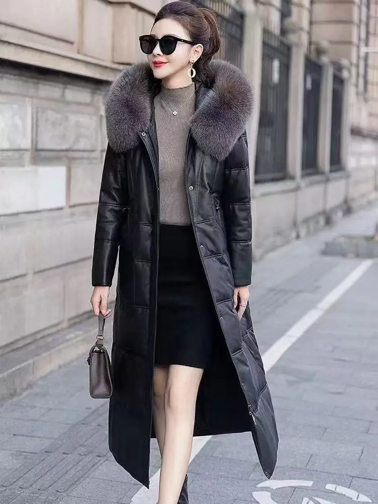 Haining Genuine Leather eepskin Coat Thiened Long Mommy Jaet Winter Warm Sli Commute Sle with ket Zipper Closure