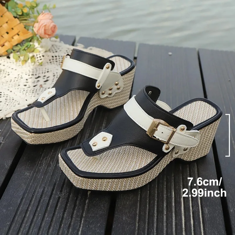 Women's Outdoor Versatile Casual Slippers Large Size Slope Heel Comfortable Thick Bottom Straw Sandals