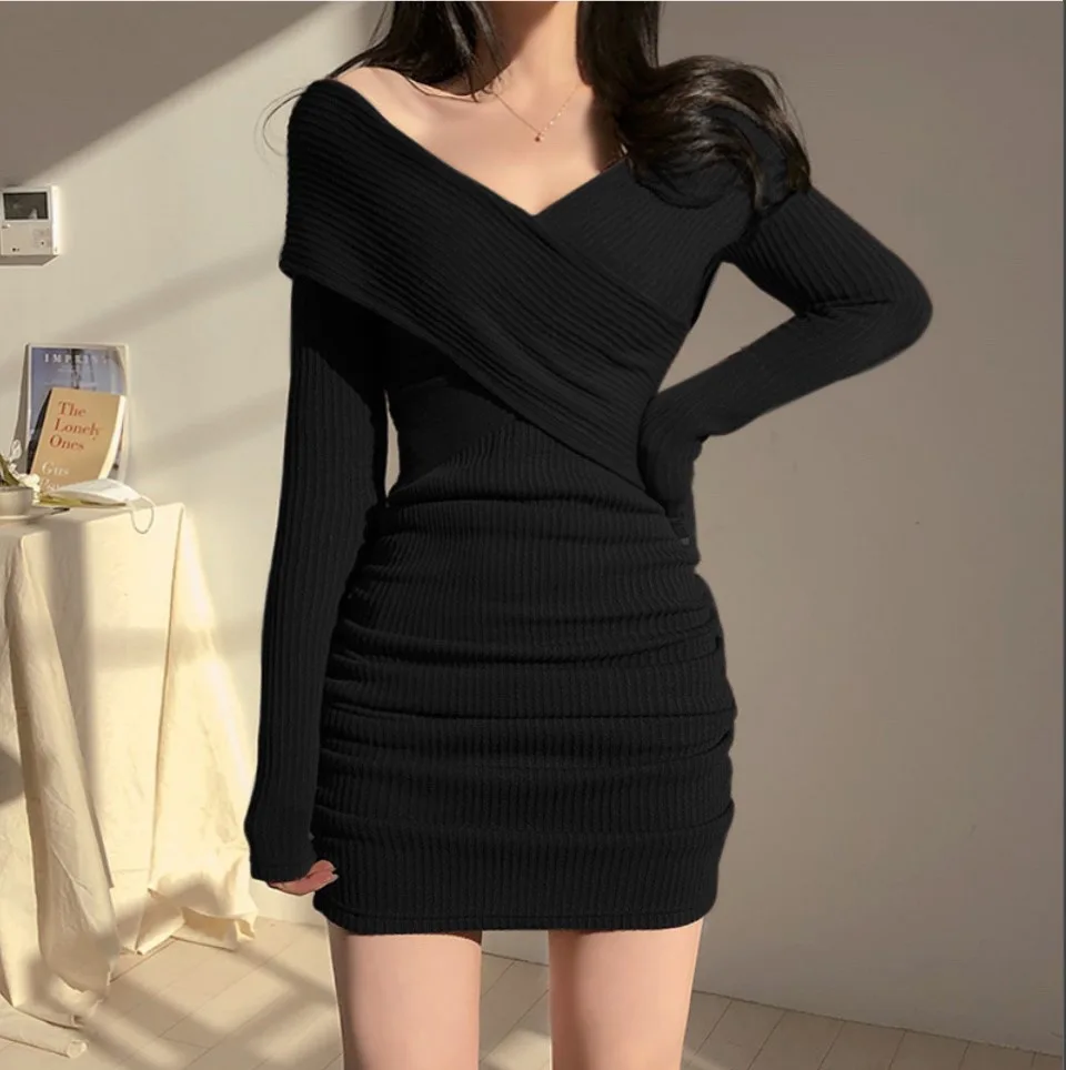 New Women Mini Dress White Autumn Dress Sexy Hollow Out Bodycon High Waist Black Dress Ladies Elastic Dress Pleated Slip Dress