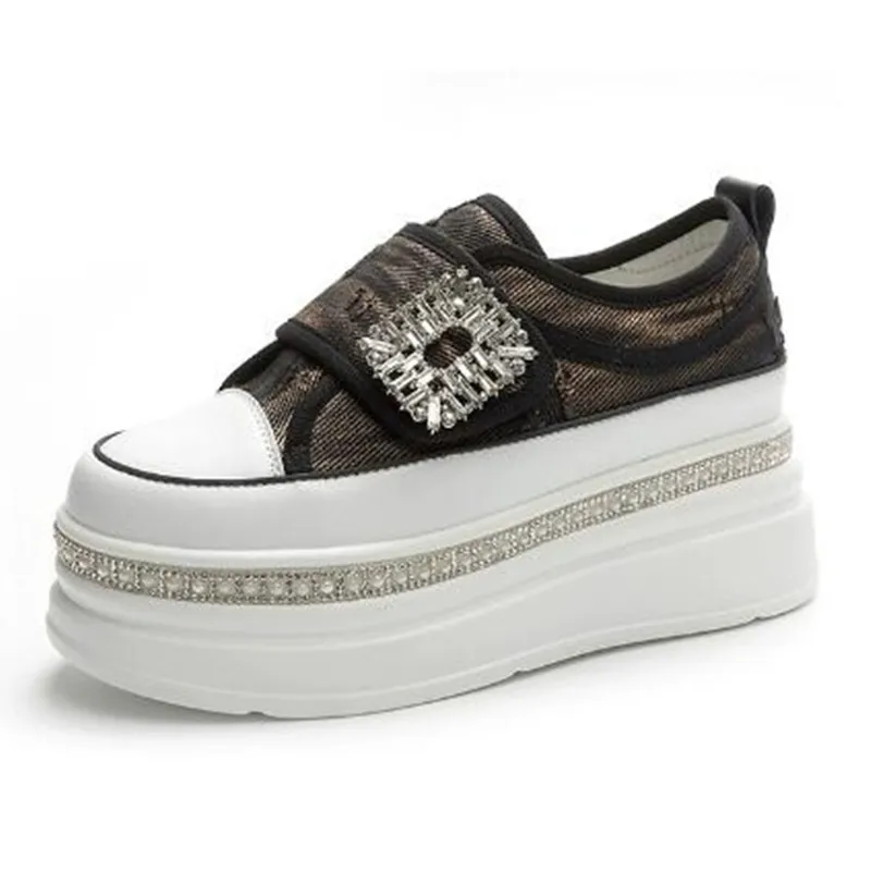 

8CM Denim Diamond Platform Wedge Genuine Leather Casual Spring Summer Autumn Comfy High Brand Chunky Sneakers Hidden Heels Shoes