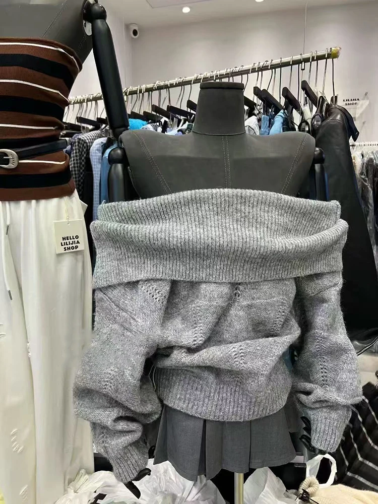 Sweter z dekoltem typu slash, dzianinowy, koreański, luźny, w stylu lazy, z odkrytymi ramionami, dzianina Y2K, jednolity kolor, uniwersalny, z długim rękawem, damski sweter