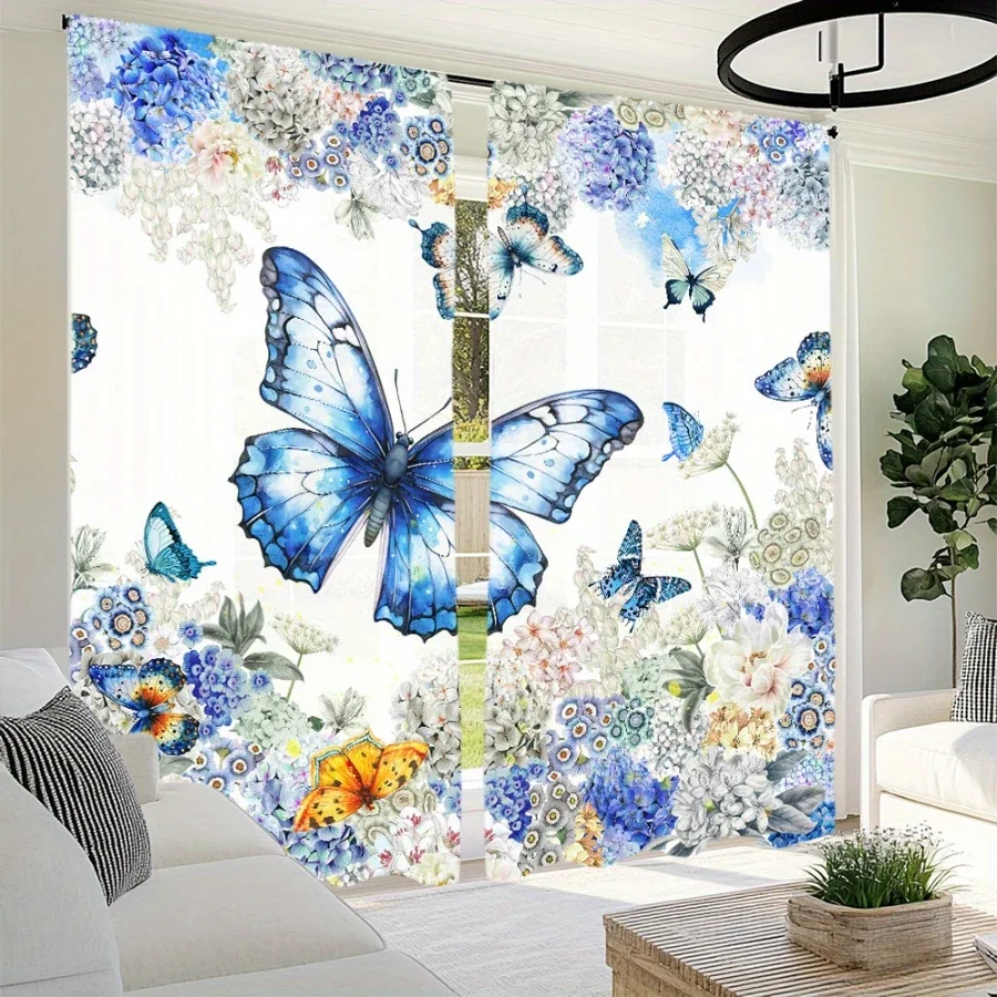 Digital Printed Curtains, Hydrangea Blue Butterfly Pattern, Stylish Window Treatment for Living Room Bedroom Decor