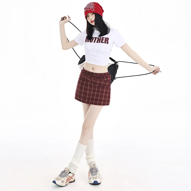 Academy Style Women Red Plaid Skirt 2024 New Spring Low Waisted and Hip Wrapped Versatile Skirts Casual A-line Womens Skirt