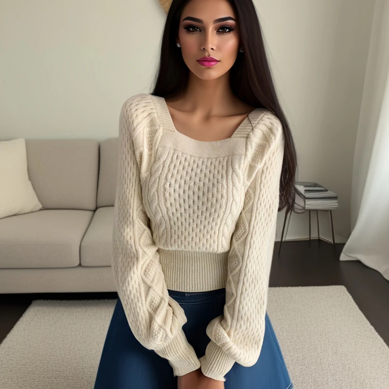 เสื้อสเวตเตอร์ไหมพรมแขนยาวทรงโคมสำหรับผู้หญิง แฟชั่นคอเหลี่ยม ทรงหลวม สีพื้น