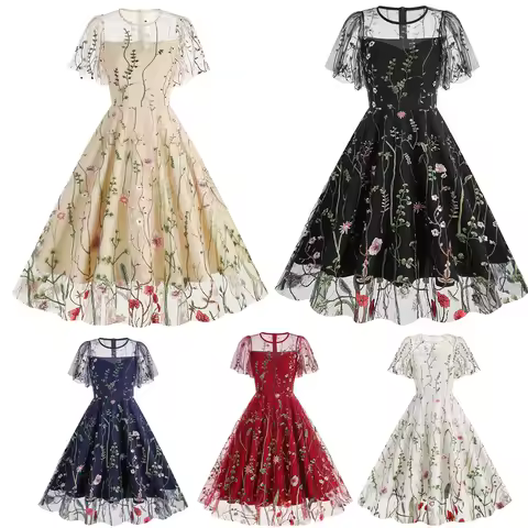 Women Vintage Dress Flower Flare Sleeves Layer Mesh Cocktail Tea Party Dress 1950s Ball Gown Evening Dress Summer Dress