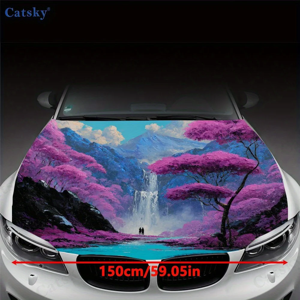 Aesthetic Pink - Purple Secret - Land Car Hood Sticker, Waterfall & Flower - Tree Romantic Body Decoration Sticker, waterproof s view 2