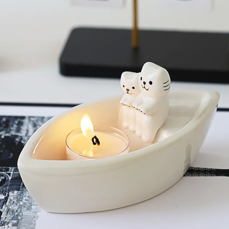

Cute Cat Ceramic Candle Holder Room Decoration Christmas Decorations Gift Home Decor Cartoon Candles Aromatherapy Candlestick