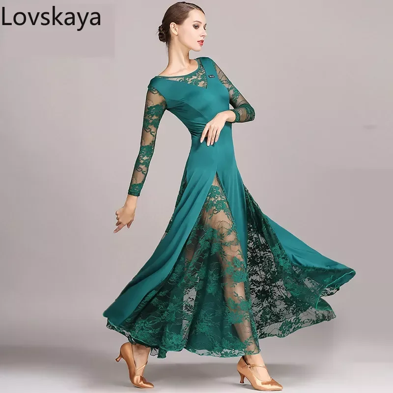 

long sleeves waltz tango dance dresses standard dress Sexy lace ballroom dance dress for woman