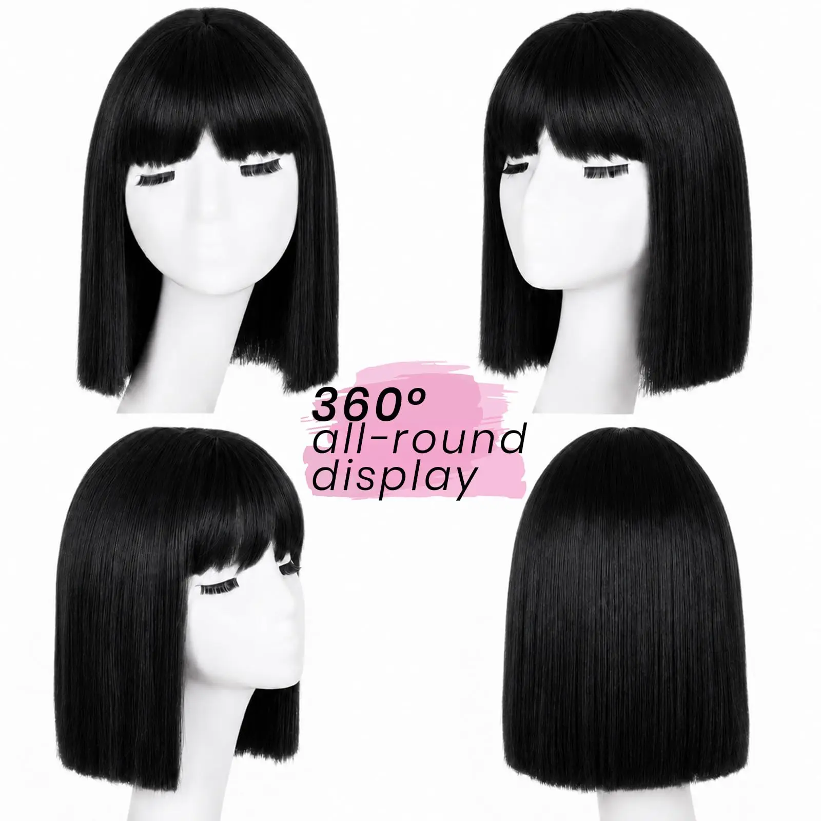 Natural Black Wave Head Wig 12 Inch Short Bob Head Wig With Bangs, Synthetic Hair Suitable For Girls Cosplay Wig Synthetic Heat-resistant Fiber, Suitable For Daily Party Halloween Use