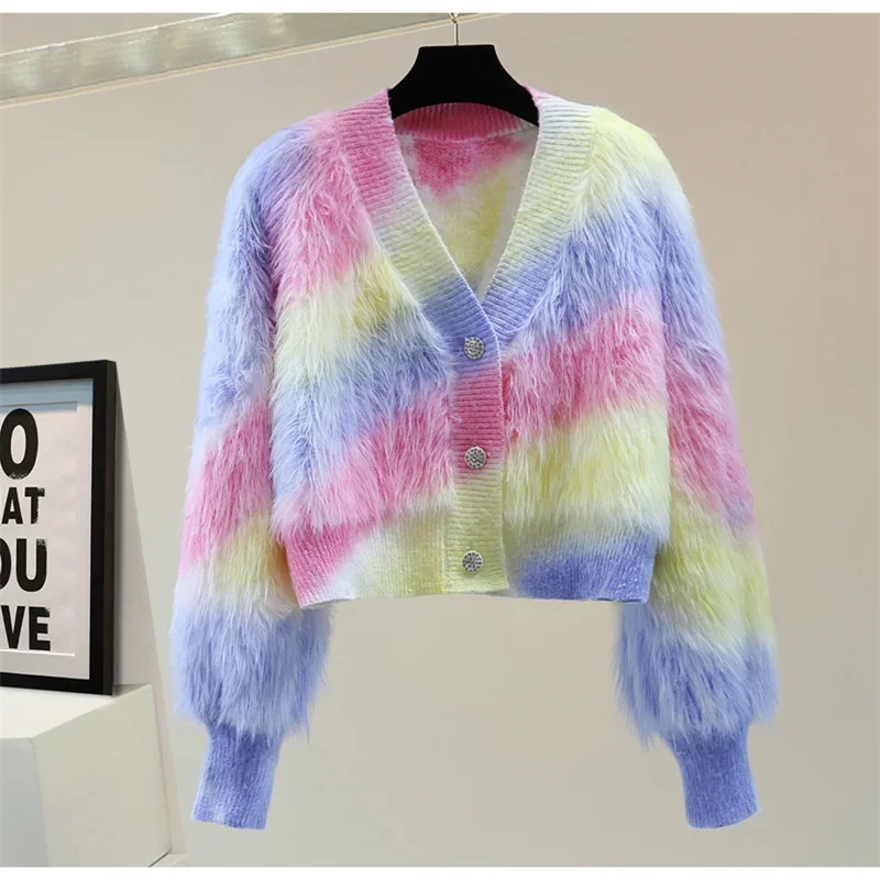 Luxury New Fuzzy Cardigan Women Gradual Color Mohair V-neck Plush Loose Sweater Japanese Style Retro Colorful Furry Knitted Coat