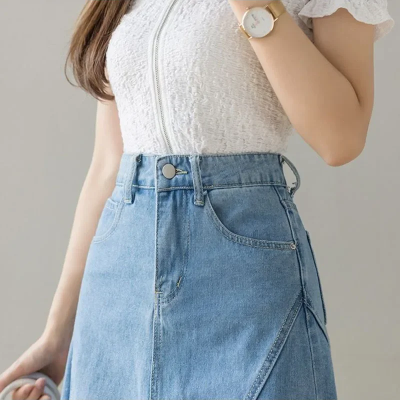 Harajuku Lace Patchwork Denim Skirt Woman Korean High Waist Blue Midi Skirts Women Summer Fashion Plus Sized 3Xl A-Line Skirt