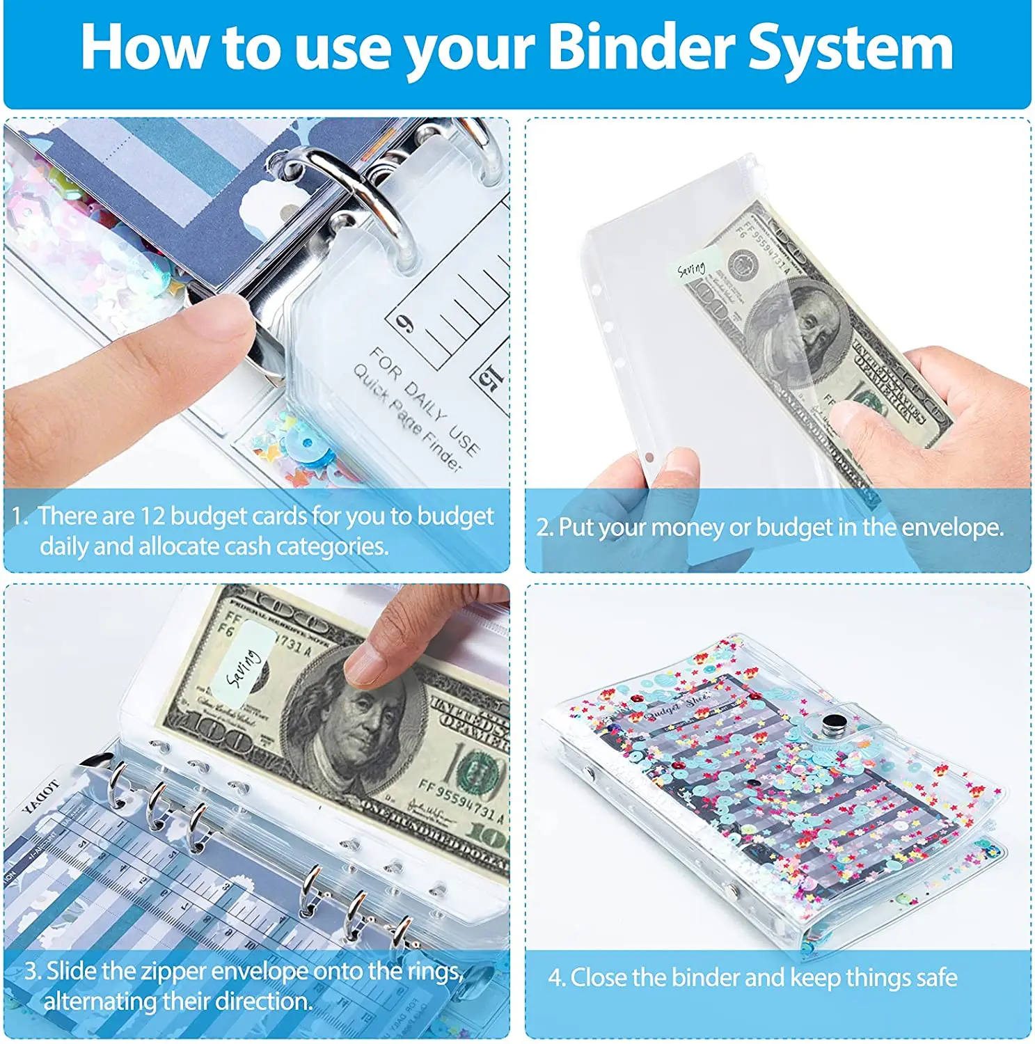 26 Pcs A6 Binder Budget Envelopes PVC Shell Sequins Notebook Cover with Zipper Pockets Budget Sheet Color Stickers Scale Ruler