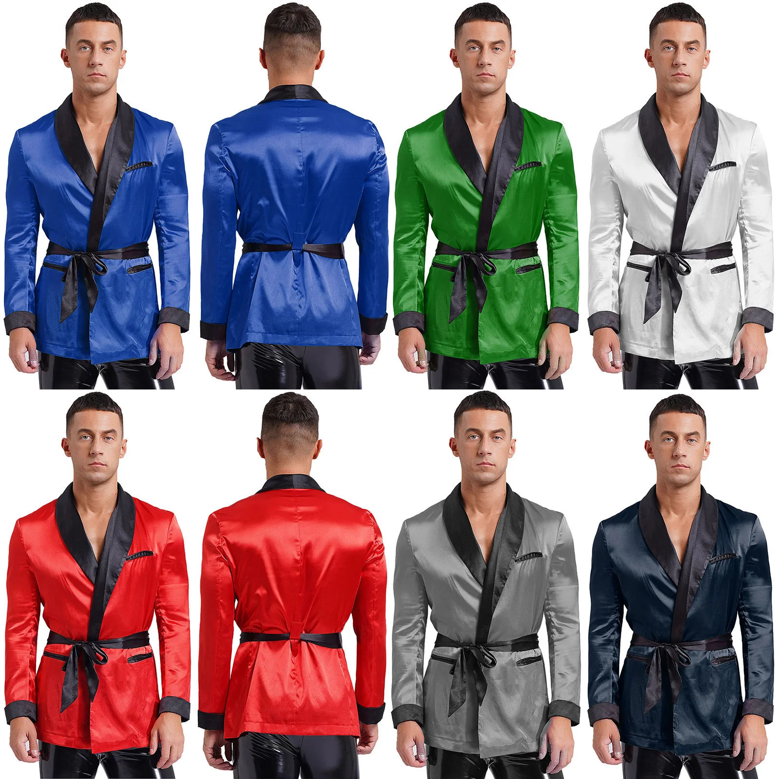 Mens Shiny Satin Robe Lightweight Long Sleeve Luxurious Silk Kimono Bathrobe with Belt House Sleepwear Loungewear Nightwear