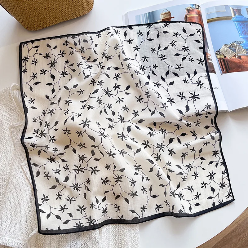 

2025 Mulberry Silk Cotton Floral Print Scarf 53cm Women Fashion Bandana All-season Versatile Luxury Neckerchief Small Kerchief