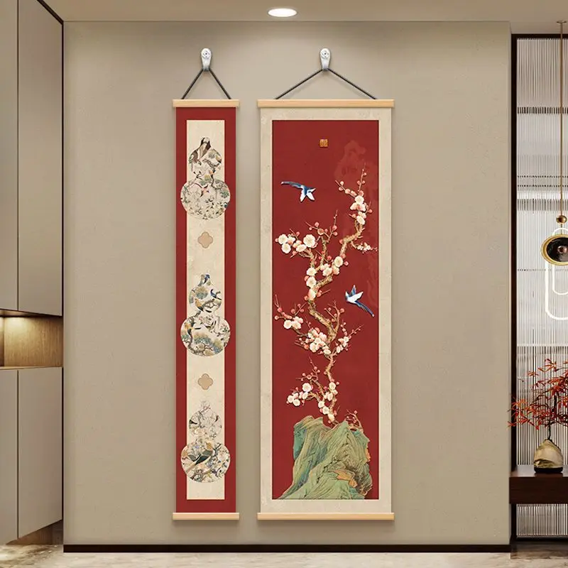 Chinese Red Floral Bird Wall Art Scroll Aesthetic Room Decor for Entryway Hallway Living Room French Vintage Chinoiserie Style