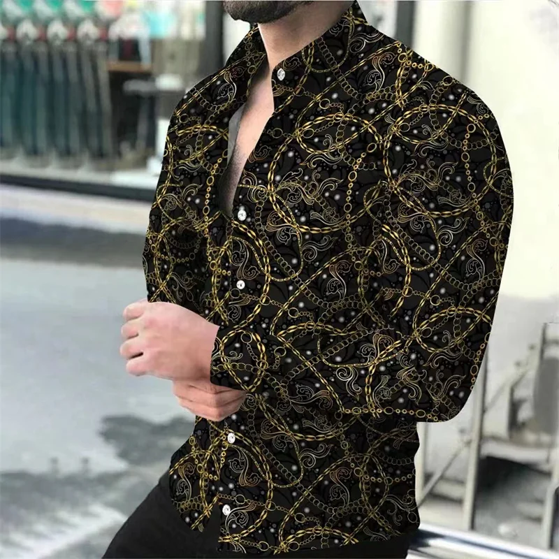 Spring Summer Shirt Men\'s Fashion Novelty Lapel Long Sleeve Colorful Circle Chain Top Casual Soft Comfortable Plus Size 2023