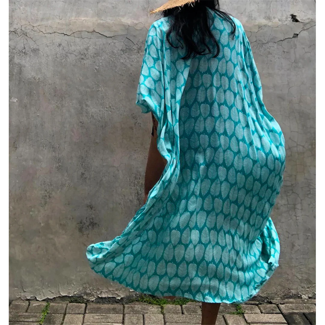 7-farbiges Blättermuster mit Gürtel, halblange Tunika, Strandkleid, Strandmode, Damen V4511 – Detail 33