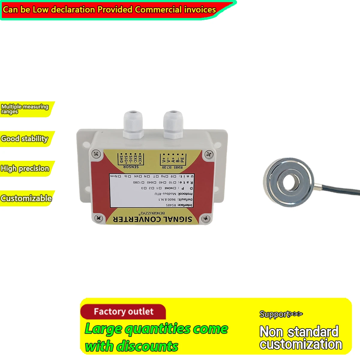 

Industrial Weight Transmitter RS485 Modbus RTU with Donut Shape Compression Force Sensor, IP65 Waterproof 500kg 1t 5t