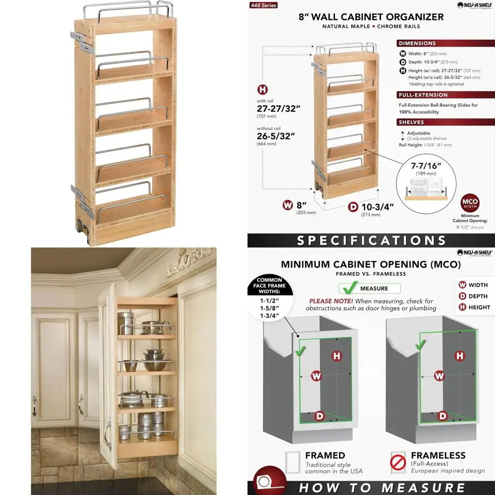 8-inch Pullout Storage Organizer for Wall Kitchen Cabinets: Adjustable Sliding Shelves for Spices and Cans