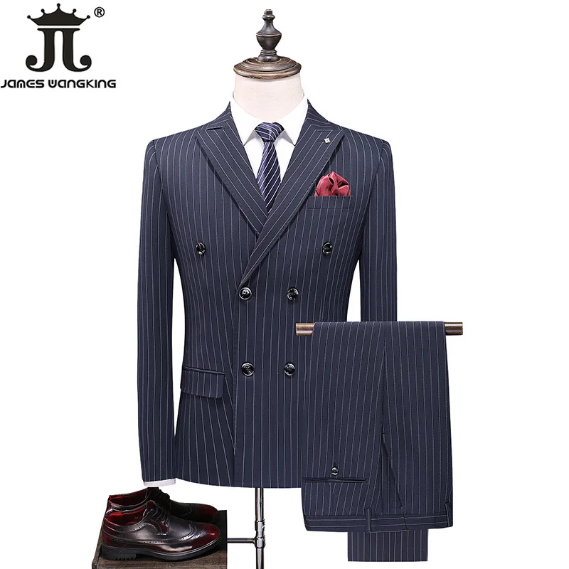 ( Jacket + Vest + Pants ) Groom Wedding Dress Boutique Striped Formal Double Breasted Suit 3pce Set Mens Casual Business Suit