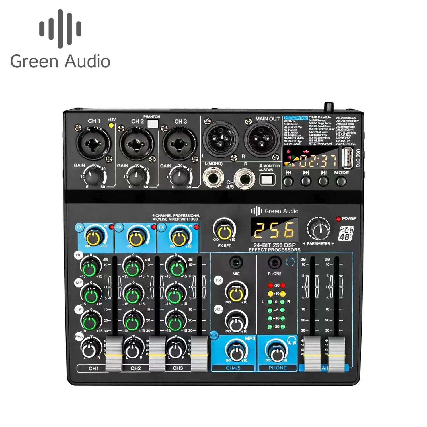 GAX-GT9 Professional Built-in 256 Effects Reverb Portable 6 Channel Digital USB Sound Audio Mixer For Stage Performance