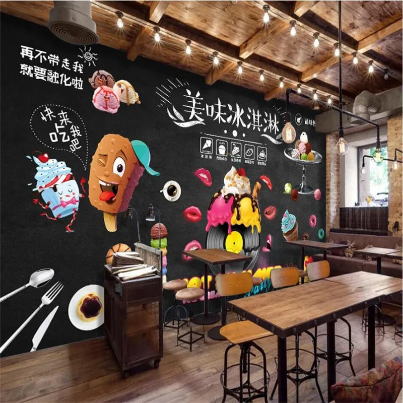 Blackboard Hand-painted Style Ice Cream Dessert Shop Industrial  Decor Background Mural Wallpaper 3D Baking Studio Wall Paper 3D